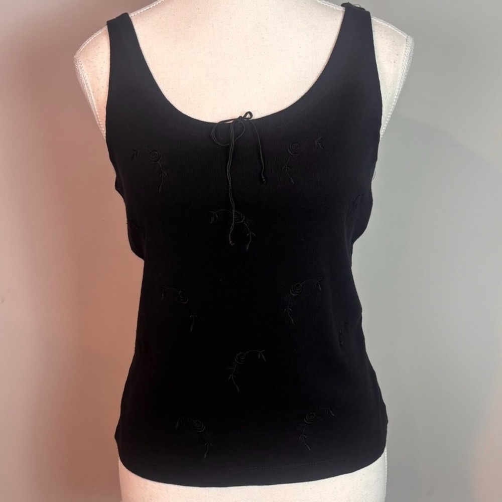 NEW Old Stock Monadee 100% Cotton Black Flower Embroidered Bow Tank sz MED NWT